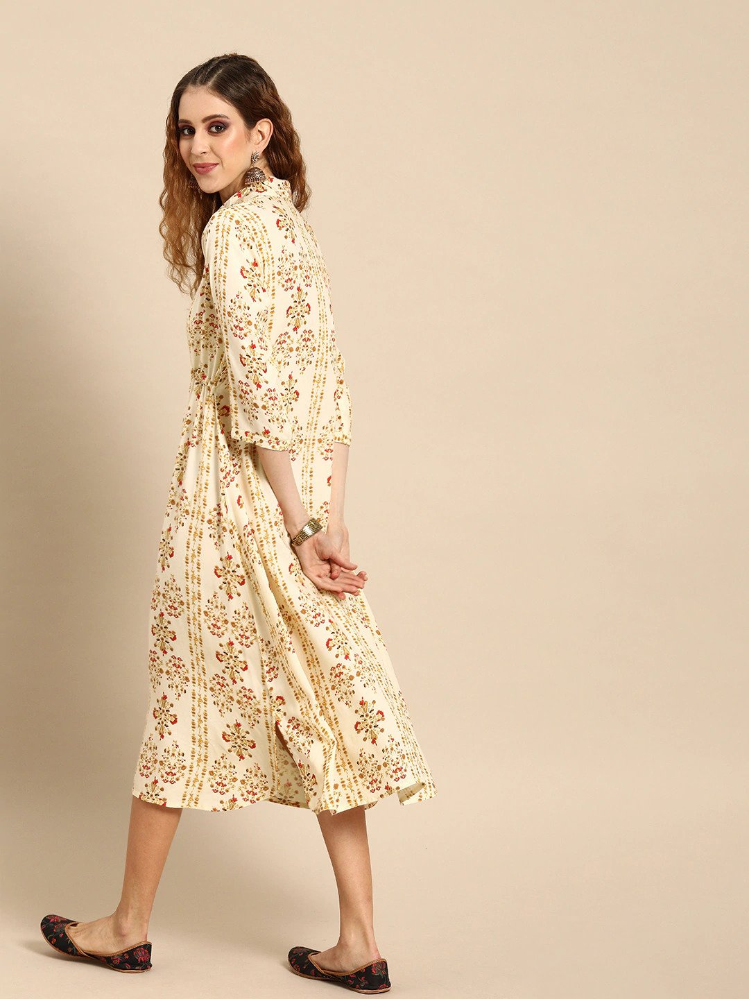 Women Cream-Coloured Mustard Yellow Printed A-Line Dress With Gathers Tie-Up | LASVINI - Redefining Indian Fashion with Elegance