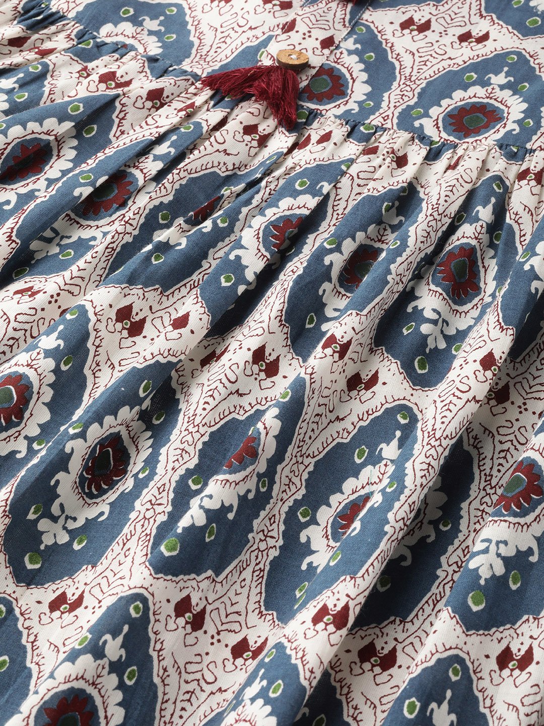 Women White Ethnic Motifs Printed Mandarin Collar Cotton Fit And Flare Dress | LASVINI - Redefining Indian Fashion with Elegance