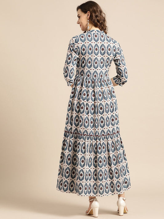 Women White Ethnic Motifs Printed Mandarin Collar Cotton Fit And Flare Dress | LASVINI - Redefining Indian Fashion with Elegance