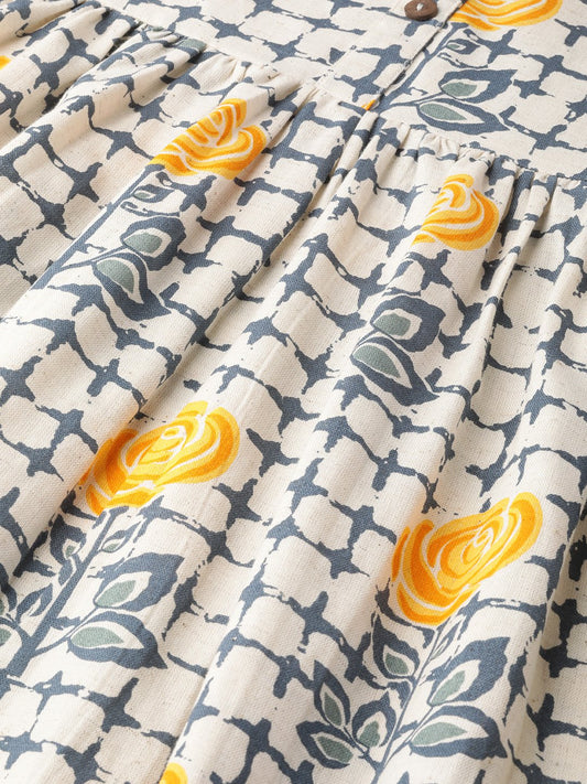 Women Off White Floral Printed Mandarin Collar Cotton A-Line Dress | LASVINI - Redefining Indian Fashion with Elegance