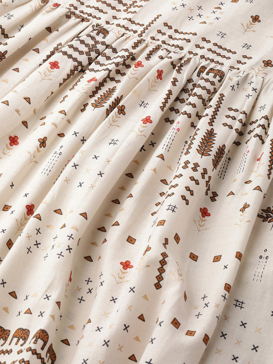 Women White Conversational Printed Round Neck Cotton Fit And Flare Dress | LASVINI - Redefining Indian Fashion with Elegance