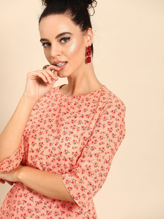 Women Peach Three-Quarter Sleeves Asymmetric Kurta Set | LASVINI - Redefining Indian Fashion with Elegance