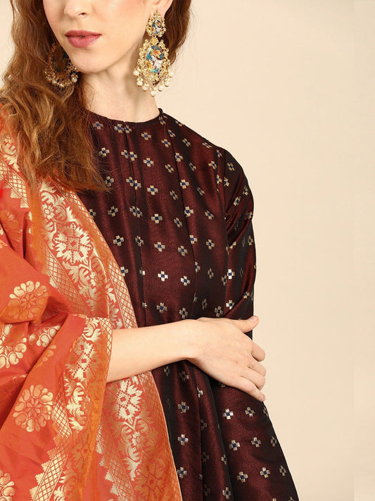 Women Maroon And Orange Full Sleeves Woven Design Brocade A-Line Dress With Dupatta | LASVINI - Redefining Indian Fashion with Elegance
