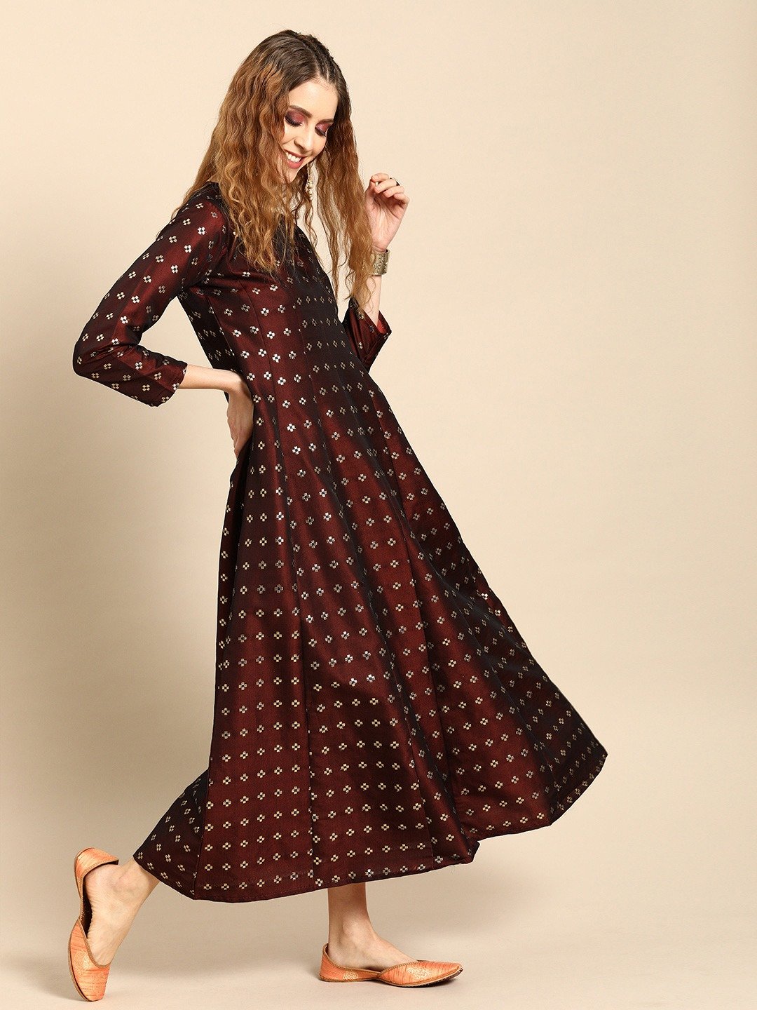 Women Maroon And Orange Full Sleeves Woven Design Brocade A-Line Dress With Dupatta | LASVINI - Redefining Indian Fashion with Elegance