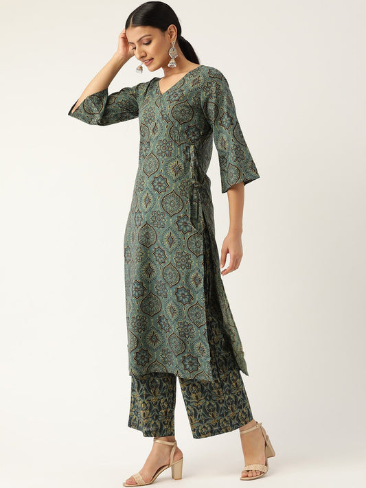 Women Sage Green Three-Quarter Sleeves Printed Straight Pure Cotton Kurta With Palazzo | LASVINI - Redefining Indian Fashion with Elegance