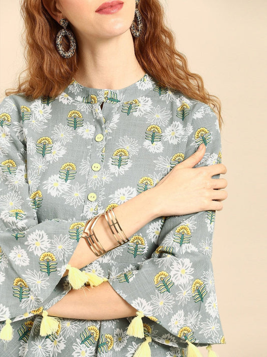 Women Grey Printed Flared Floral Knitted Pure Cotton Kurti | LASVINI - Redefining Indian Fashion with Elegance