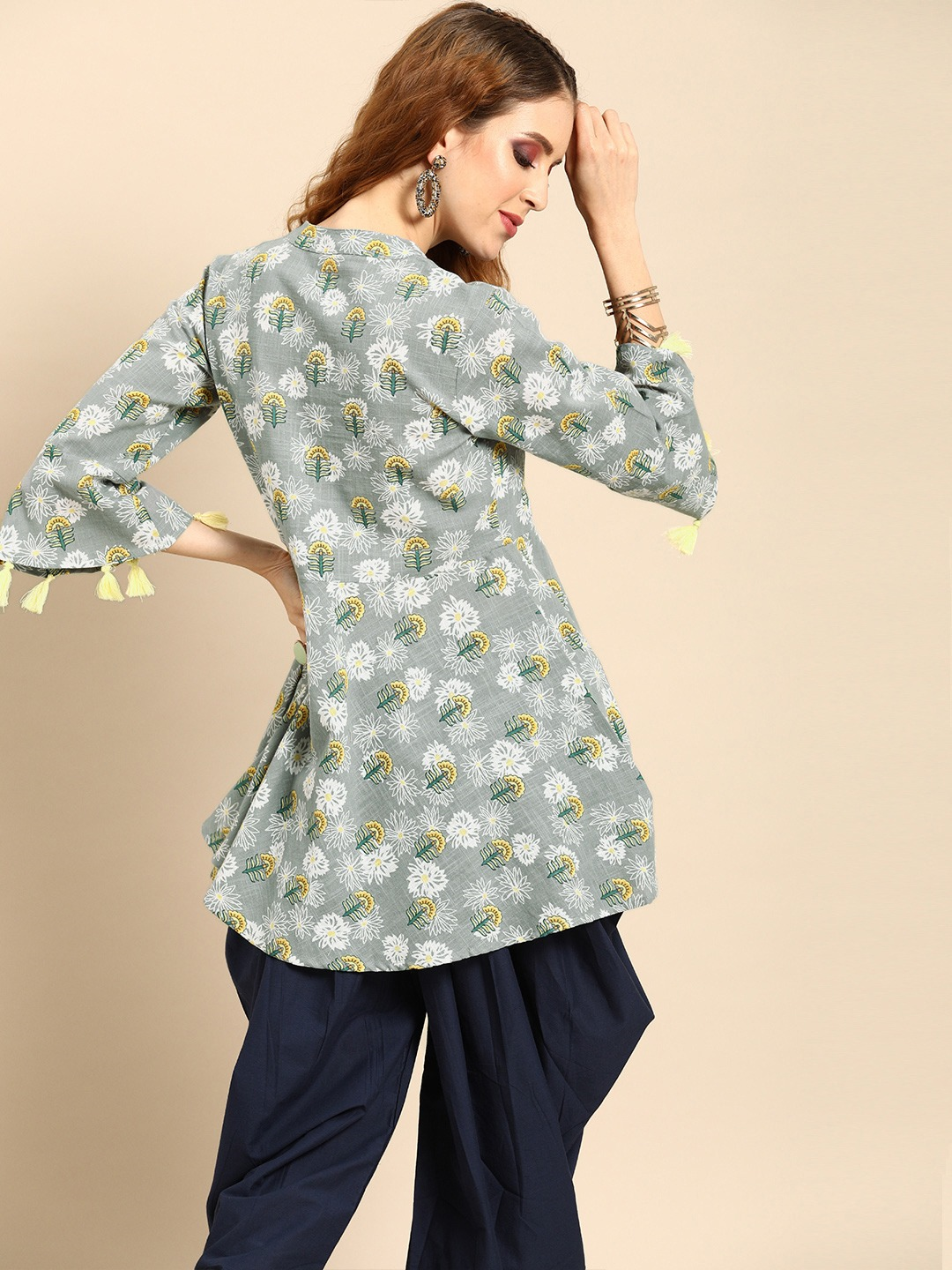 Women Grey Printed Flared Floral Knitted Pure Cotton Kurti | LASVINI - Redefining Indian Fashion with Elegance