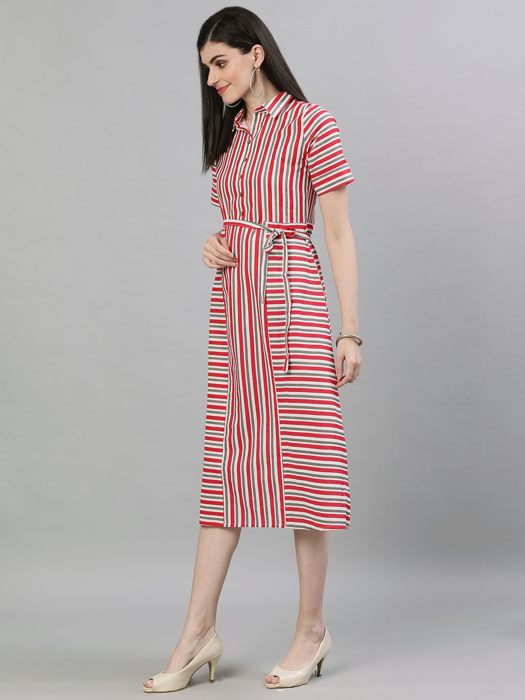 Women Red Striped Striped Shirt Collar Cotton A-Line Dress | LASVINI - Redefining Indian Fashion with Elegance