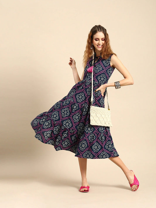 Women Indigo Blue Calf Length Sleeveless A-Line Bandhani Printed Cotton Kurta | LASVINI - Redefining Indian Fashion with Elegance