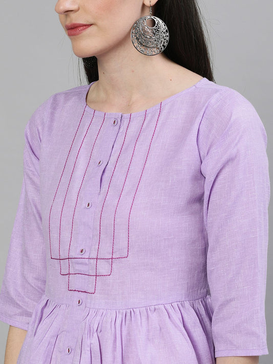 Women Lavender Calf Length Three-Quarter Sleeves A-Line Solid Solid Cotton Kurta | LASVINI - Redefining Indian Fashion with Elegance