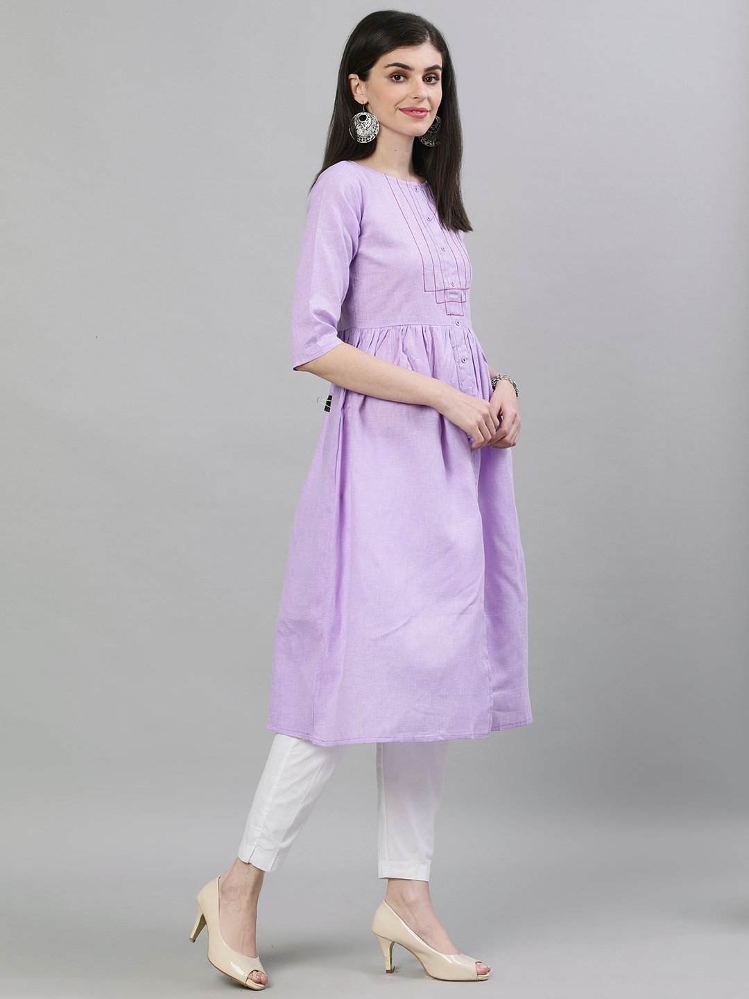 Women Lavender Calf Length Three-Quarter Sleeves A-Line Solid Solid Cotton Kurta | LASVINI - Redefining Indian Fashion with Elegance