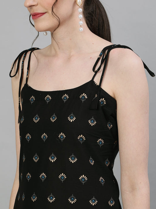 Women Black Calf Length Sleeveless Straight Ethnic Motifs Printed Cotton Kurta | LASVINI - Redefining Indian Fashion with Elegance