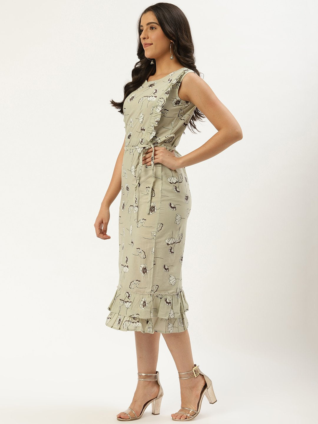 Women Grey Floral Printed Round Neck Cotton A-Line Dress | LASVINI - Redefining Indian Fashion with Elegance