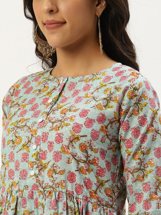 Women Sky Blue Three-Quarter Sleeves Flared Kurta And Palazzo Set | LASVINI - Redefining Indian Fashion with Elegance