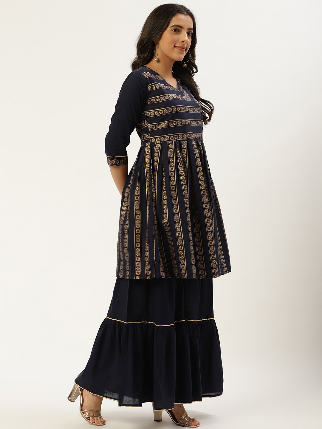 Women Navy Blue Three-Quarter Sleeves Flared Peplum Kurta And Sharara Set | LASVINI - Redefining Indian Fashion with Elegance