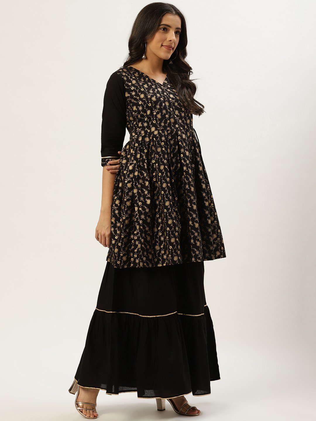 Women Black Three-Quarter Sleeves Flared Peplum Kurta And Sharara Set | LASVINI - Redefining Indian Fashion with Elegance