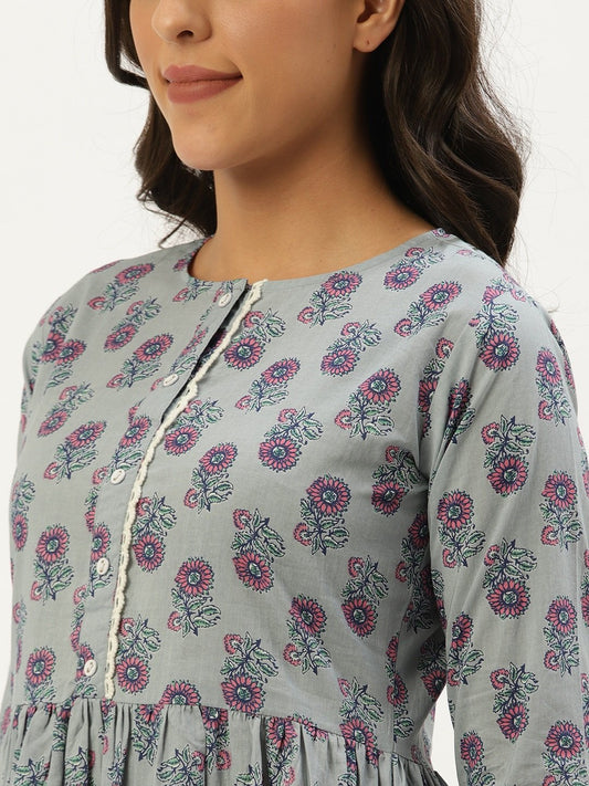 Women Grey Printed Flared Floral Pure Cotton Kurti | LASVINI - Redefining Indian Fashion with Elegance
