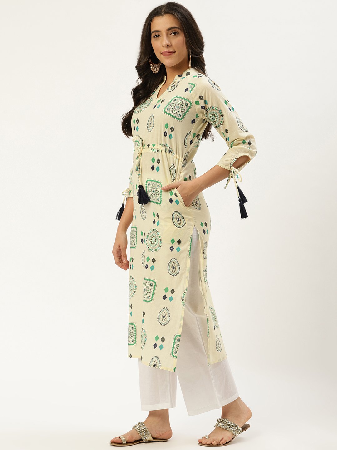 Women Cream Calf Length Long Sleeves A-Line Ethnic Motifs Cotton Kurta | LASVINI - Redefining Indian Fashion with Elegance