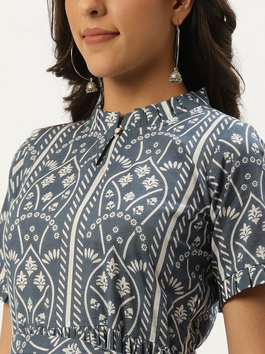Women Blue Ethnic Motifs Printed High-Neck Cotton A-Line Dress | LASVINI - Redefining Indian Fashion with Elegance