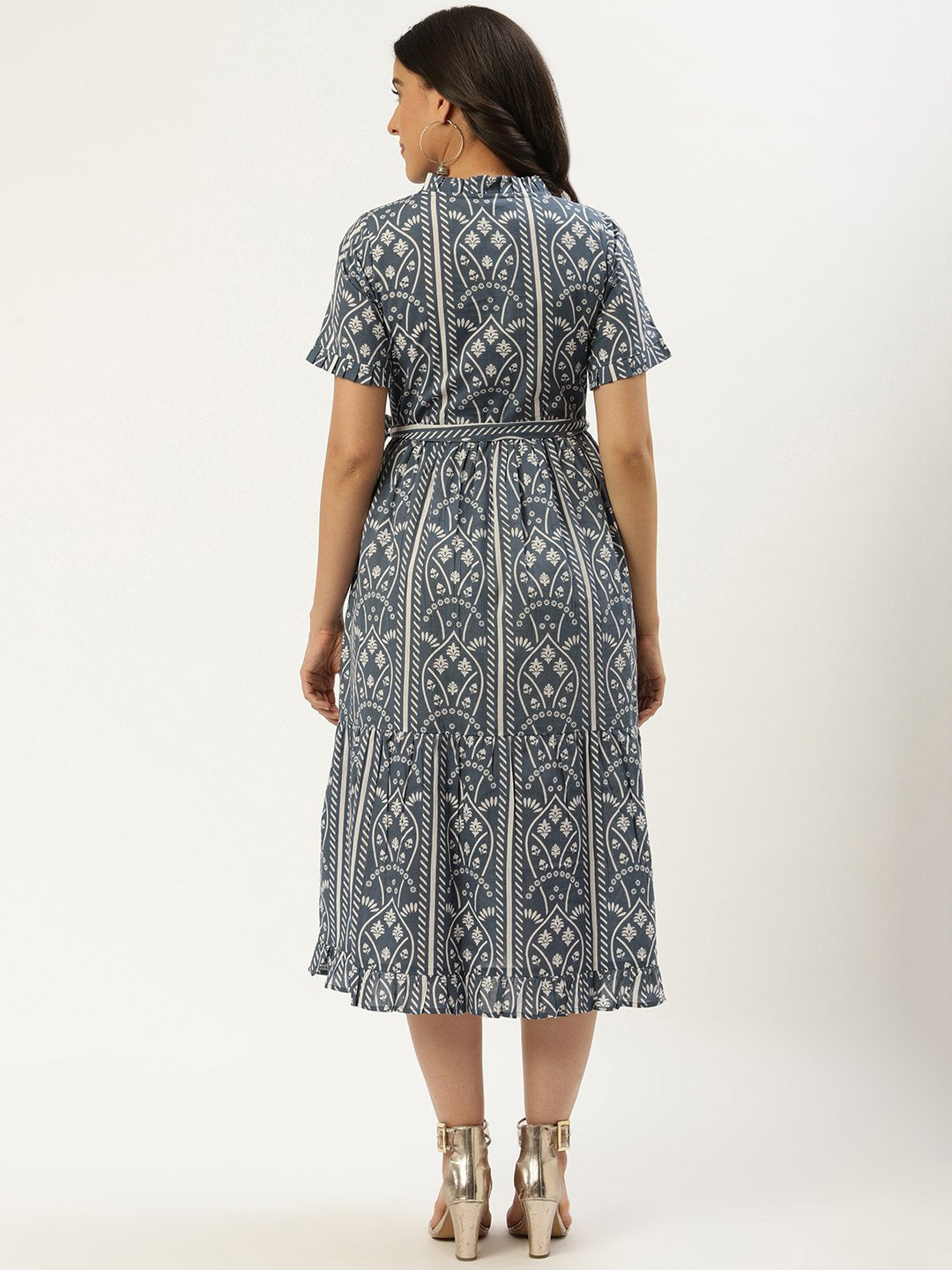 Women Blue Ethnic Motifs Printed High-Neck Cotton A-Line Dress | LASVINI - Redefining Indian Fashion with Elegance