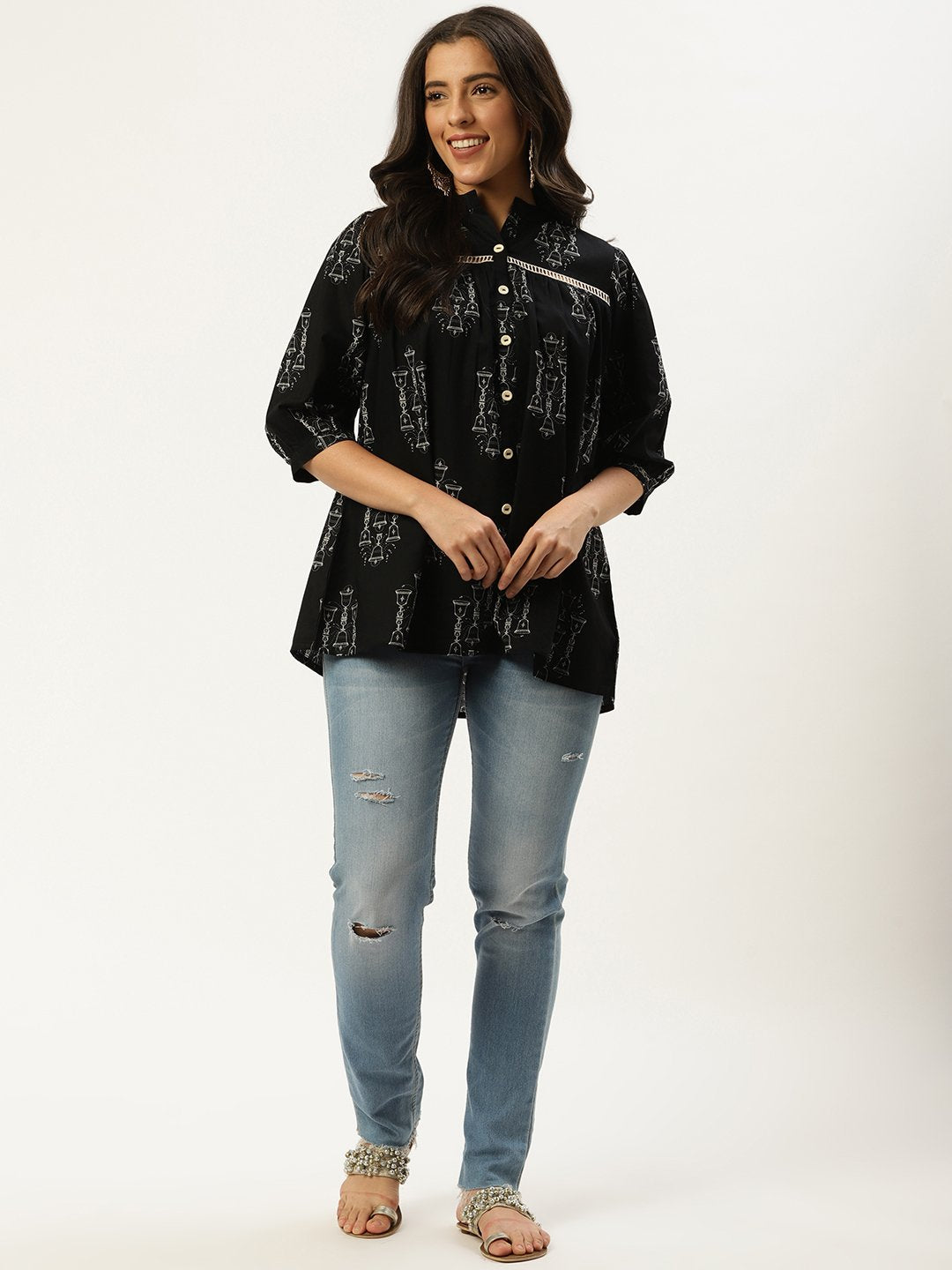 Women Black Three-Quarter Sleeves Gathered Or Pleated Top | LASVINI - Redefining Indian Fashion with Elegance