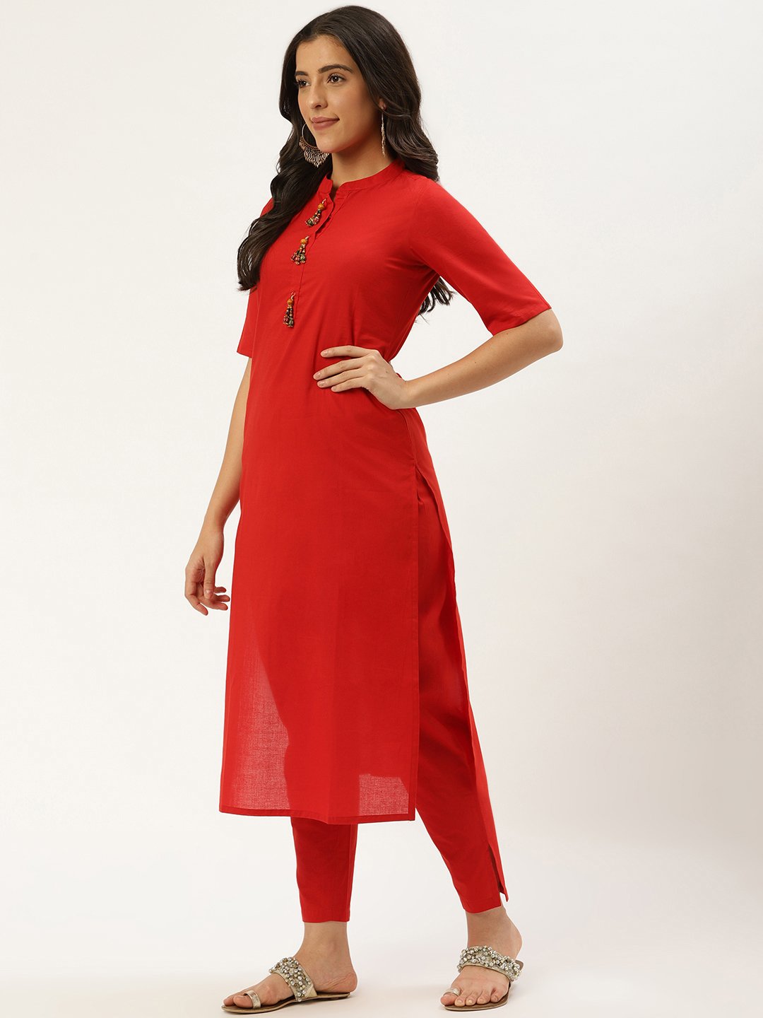 Women Red Three-Quarter Sleeves Straight Kurta And Trouser Pant Set | LASVINI - Redefining Indian Fashion with Elegance