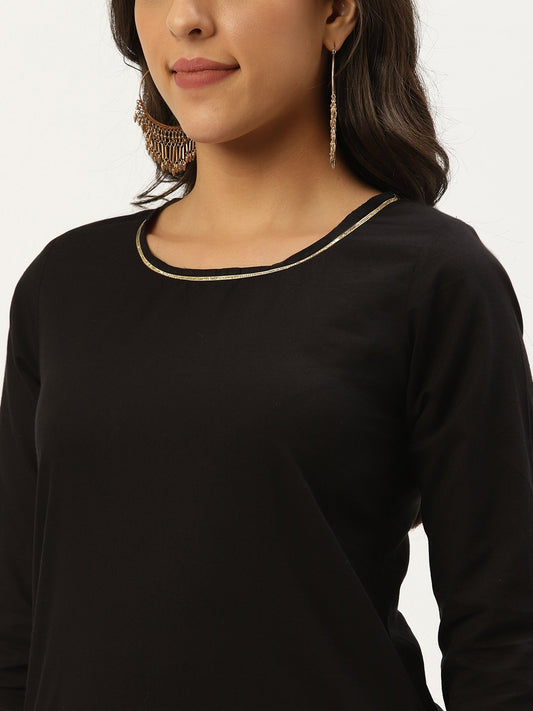 Women Black Three-Quarter Sleeves Straight Kurta And Trouser Pant Set | LASVINI - Redefining Indian Fashion with Elegance