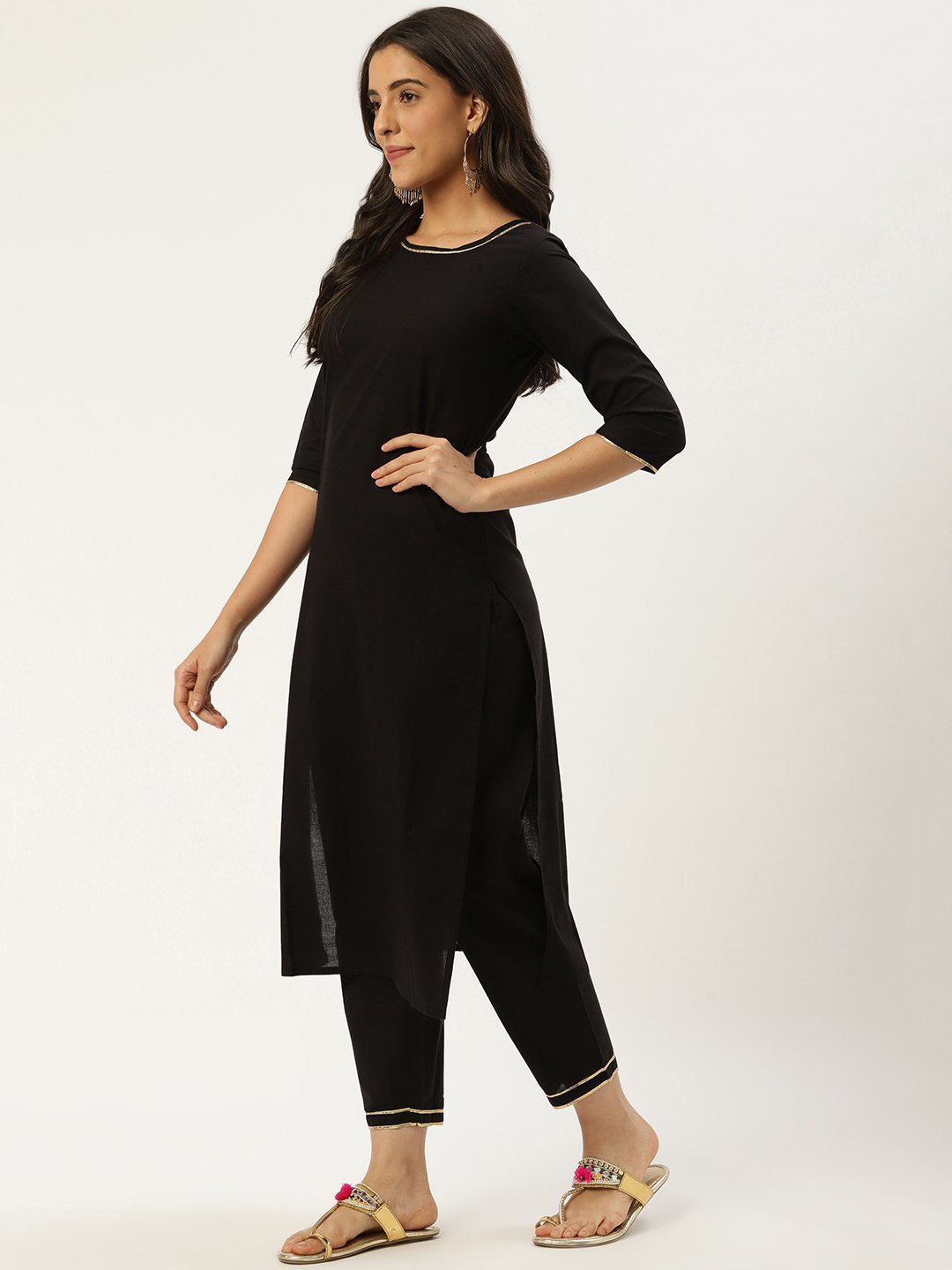 Women Black Three-Quarter Sleeves Straight Kurta And Trouser Pant Set | LASVINI - Redefining Indian Fashion with Elegance