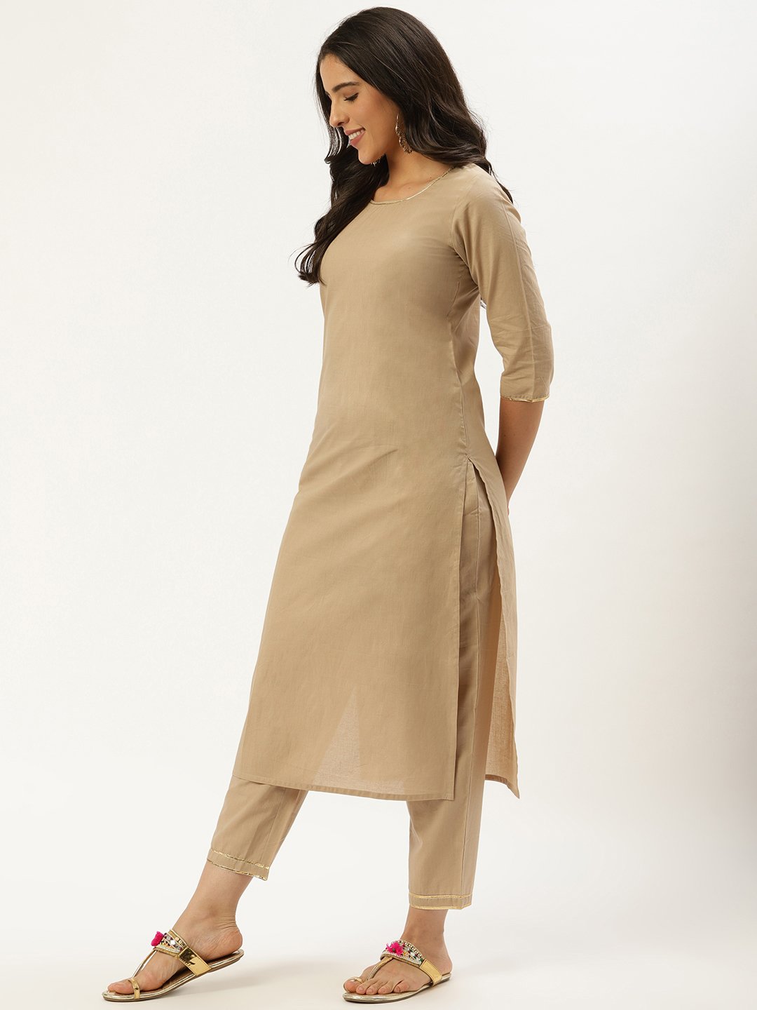 Women Beige Three-Quarter Sleeves Straight Kurta And Trouser Pant Set | LASVINI - Redefining Indian Fashion with Elegance