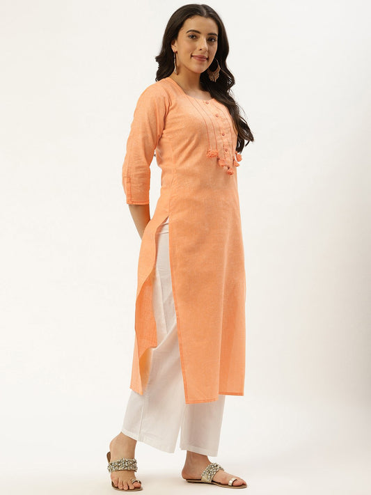 Women Orange Calf Length Three-Quarter Sleeves Straight Solid Cotton Kurta | LASVINI - Redefining Indian Fashion with Elegance