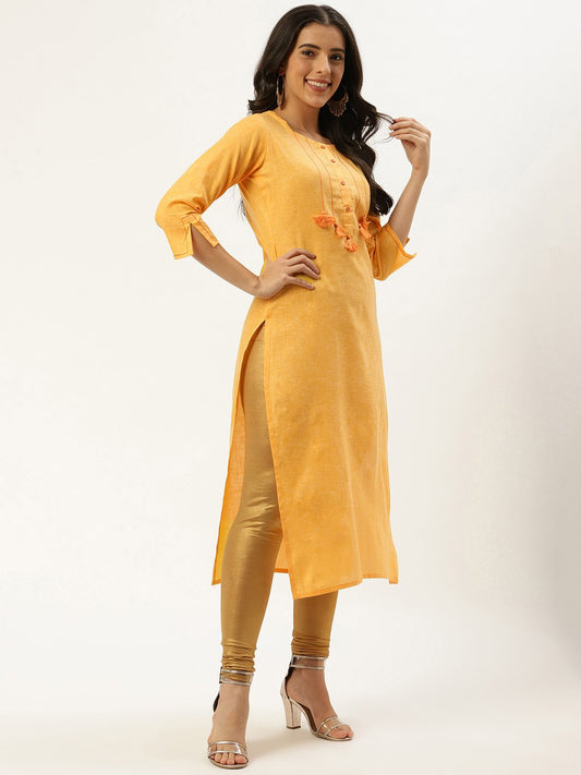 Women Yellow Calf Length Three-Quarter Sleeves Straight Solid Cotton Kurta | LASVINI - Redefining Indian Fashion with Elegance