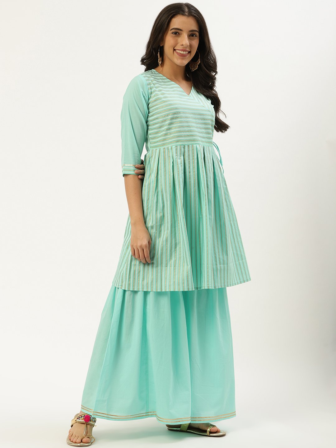 Women Pastel Blue Three-Quarter Sleeves Flared Peplum Kurta And Sharara Set | LASVINI - Redefining Indian Fashion with Elegance