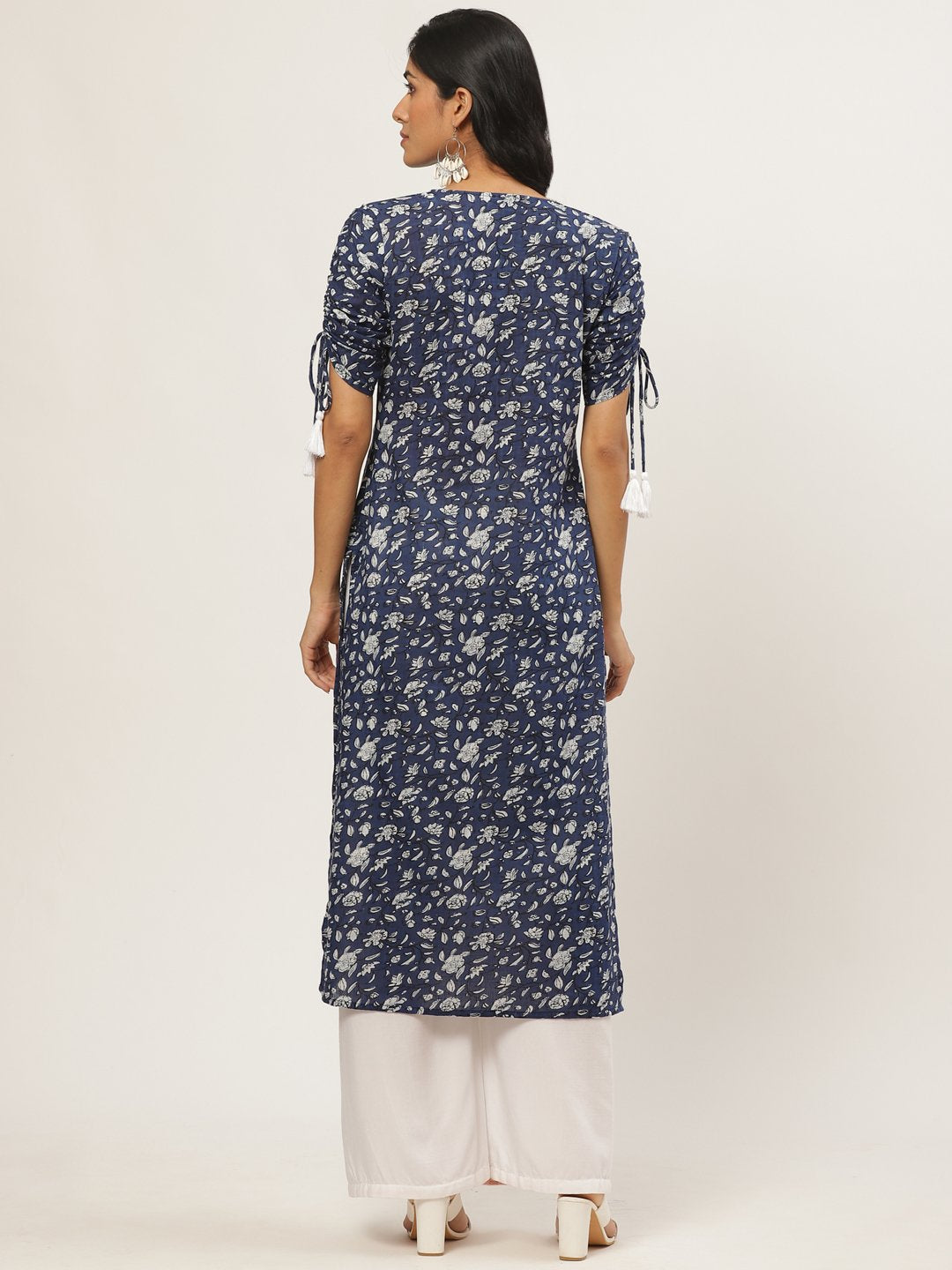 Women Navy Blue Calf Length Three-Quarter Sleeves Straight Floral Printed Cotton Kurta | LASVINI - Redefining Indian Fashion with Elegance