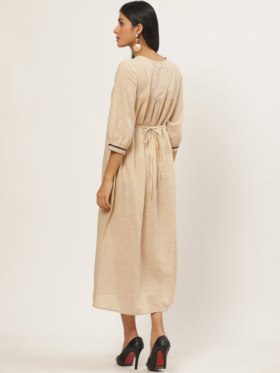 Women Beige Solid Solid V-Neck Cotton A-Line Dress | LASVINI - Redefining Indian Fashion with Elegance