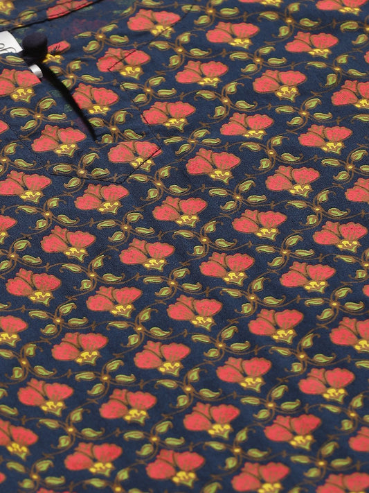 Women Navy Blue Calf Length Three-Quarter Sleeves Straight Floral Printed Cotton Kurta | LASVINI - Redefining Indian Fashion with Elegance