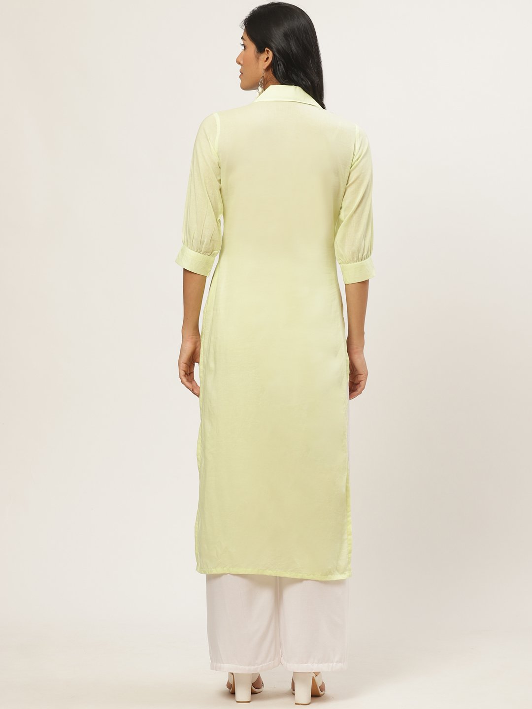 Women Limeyellow Calf Length Three-Quarter Sleeves Straight Solid Solid Cotton Kurta | LASVINI - Redefining Indian Fashion with Elegance