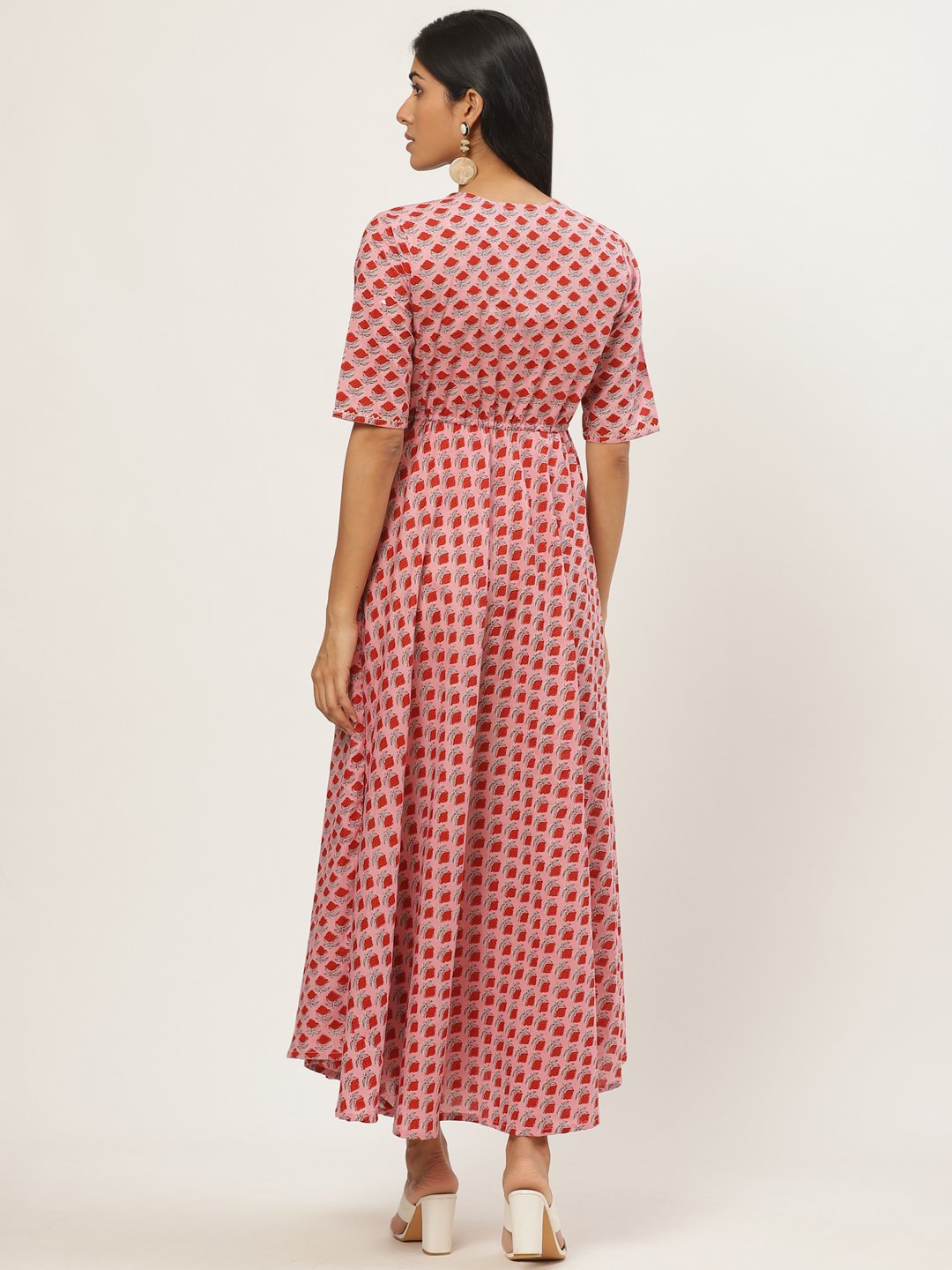 Women Pink Floral Printed Square Neck Cotton Fit And Flare Dress | LASVINI - Redefining Indian Fashion with Elegance