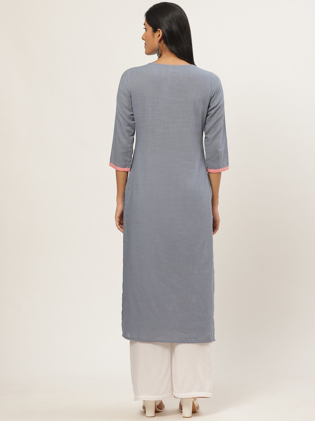 Women Grey Calf Length Three-Quarter Sleeves Straight Solid Yoke Design Cotton Kurta | LASVINI - Redefining Indian Fashion with Elegance