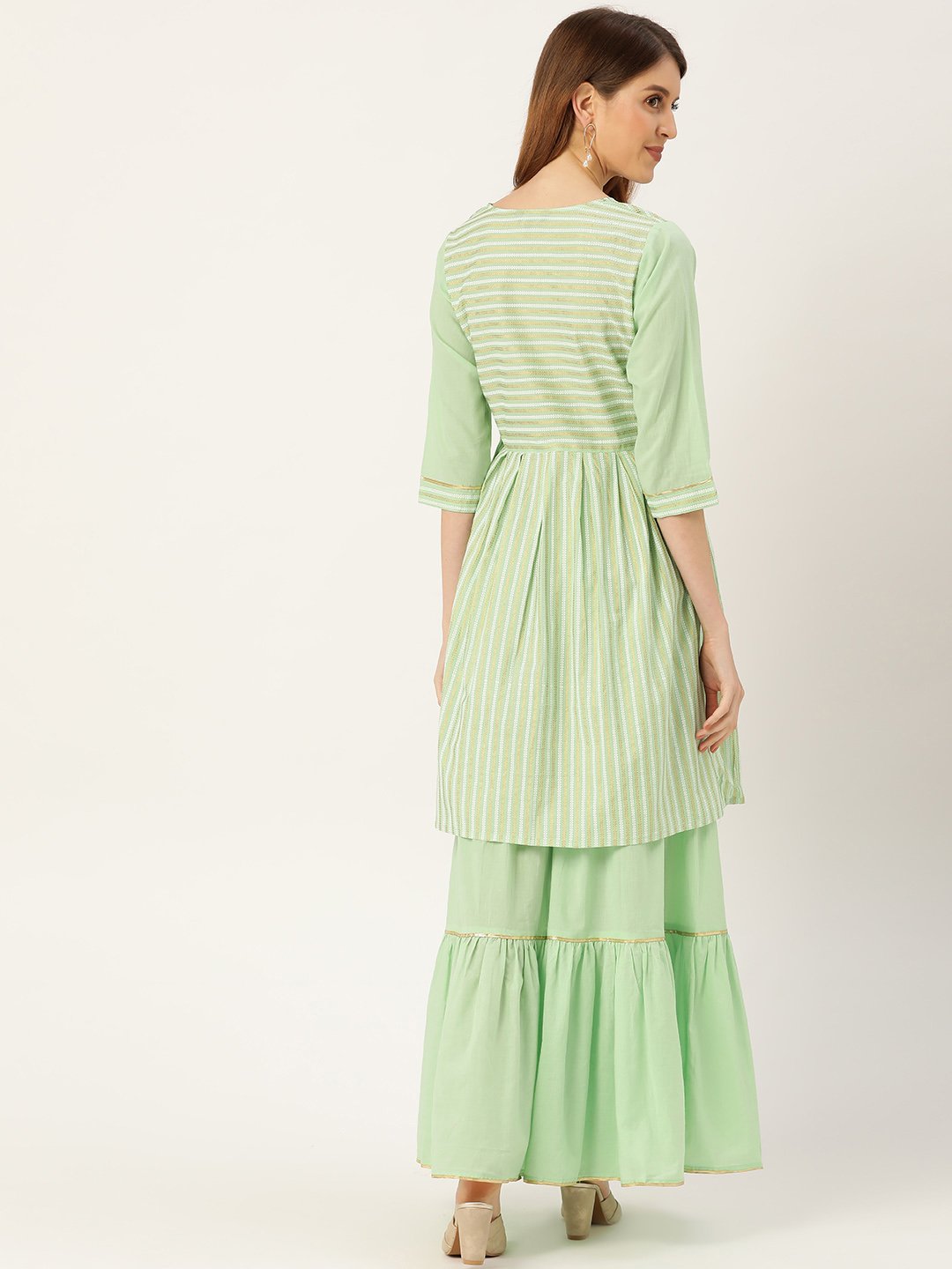 Women Green Three-Quarter Sleeves Flared Kurta And Sharara Set | LASVINI - Redefining Indian Fashion with Elegance