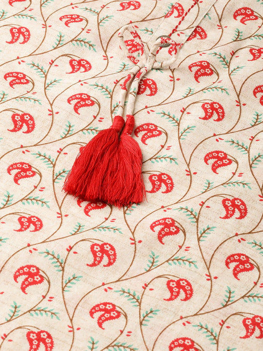 Women Beige Calf Length Three-Quarter Sleeves Straight Floral Printed Cotton Kurta | LASVINI - Redefining Indian Fashion with Elegance