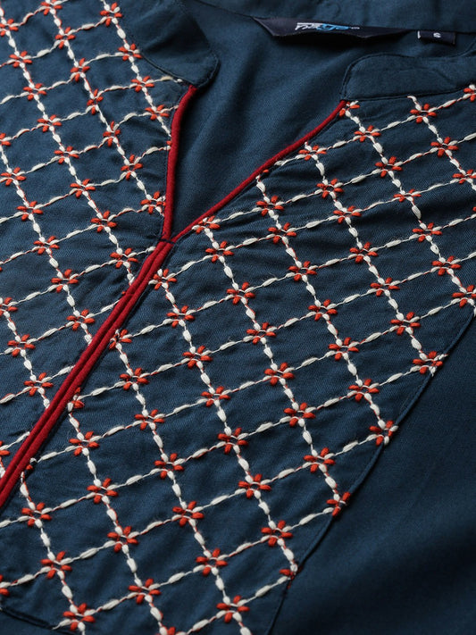 Women Navy Blue Solid Solid Mandarin Collar Viscose Rayon A-Line Dress | LASVINI - Redefining Indian Fashion with Elegance