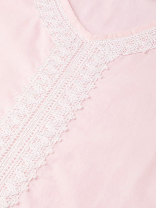 Women Pink Calf Length Three-Quarter Sleeves Straight Solid Solid Cotton Kurta | LASVINI - Redefining Indian Fashion with Elegance