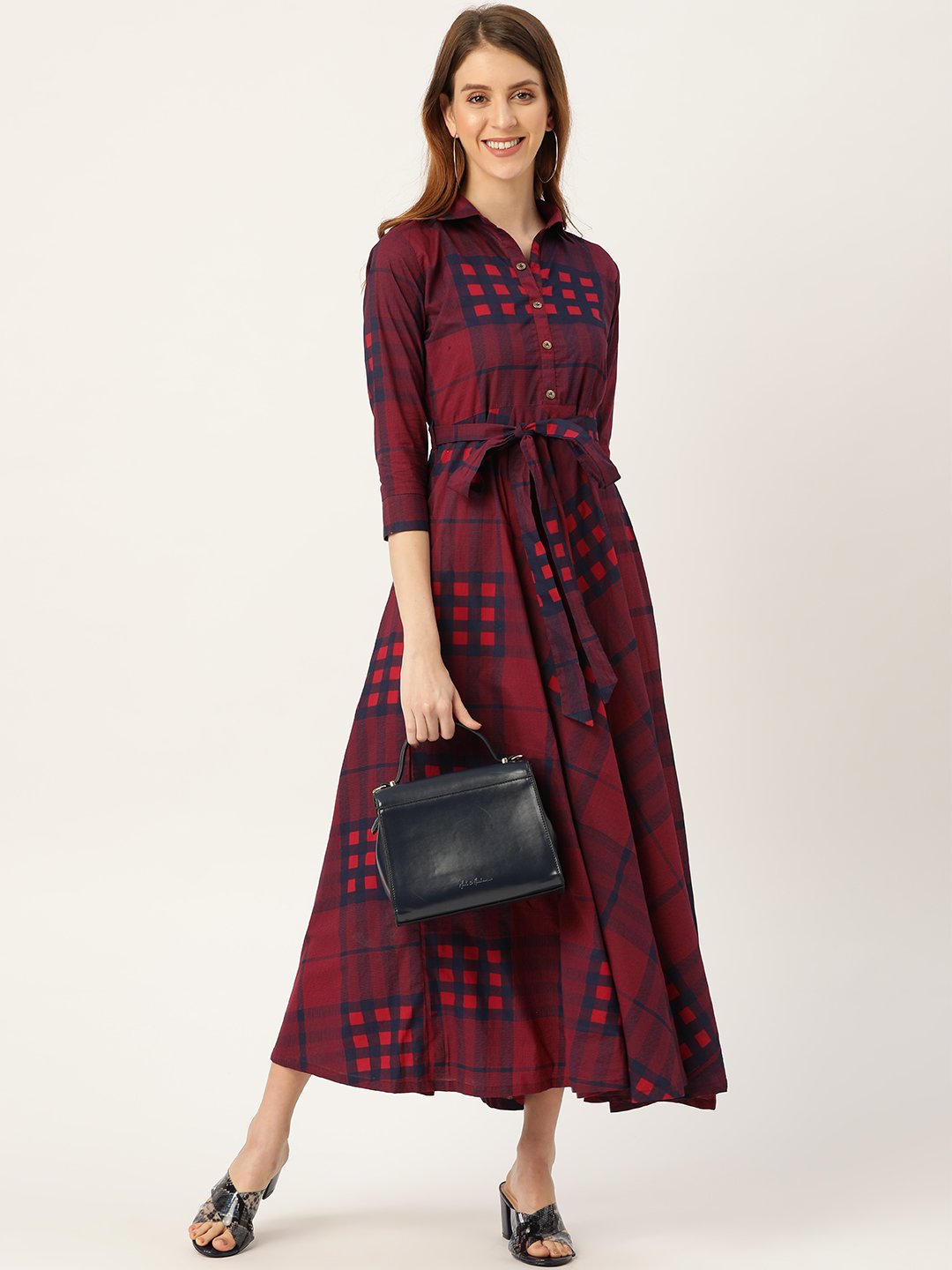 Women Burgundy Checked Printed Shirt Collar Cotton Fit And Flare Dress | LASVINI - Redefining Indian Fashion with Elegance