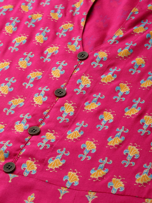 Women Pink Floral Printed Mandarin Collar Viscose Rayon Fit And Flare Dress | LASVINI - Redefining Indian Fashion with Elegance