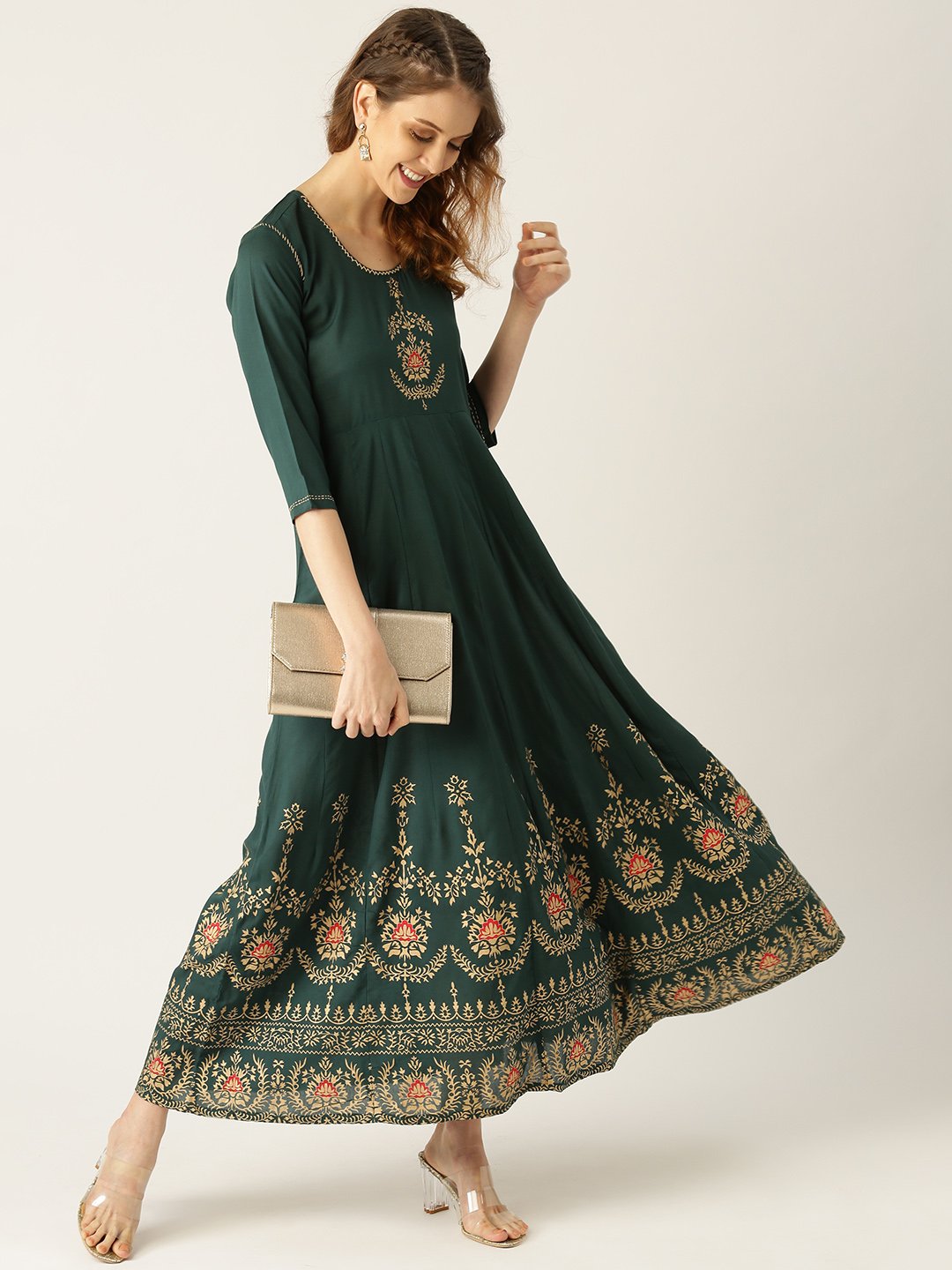 Women Green Solid Solid Round Neck Viscose Rayon Fit And Flare Dress | LASVINI - Redefining Indian Fashion with Elegance