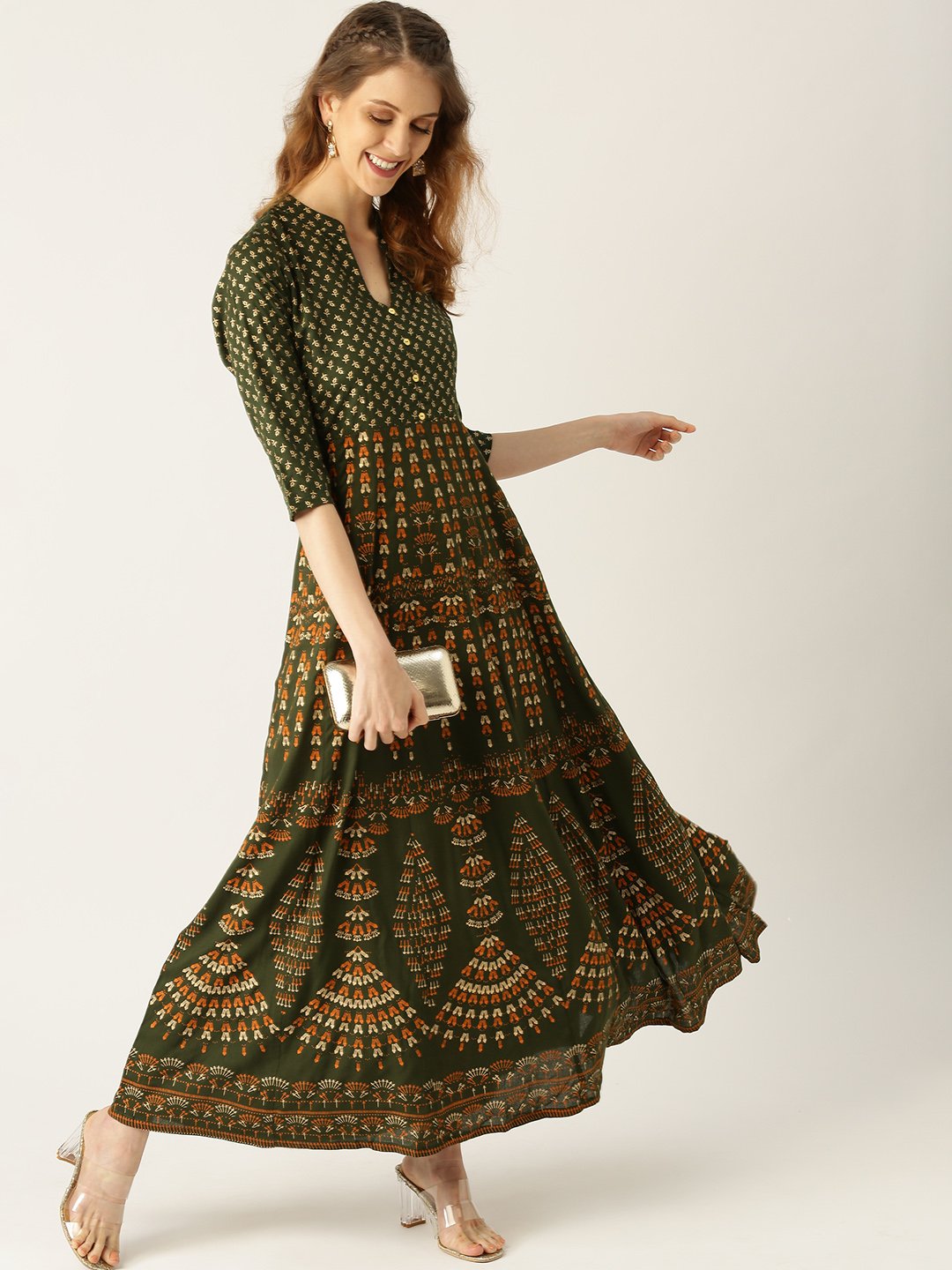 Women Green Floral Printed Mandarin Collar Viscose Rayon Fit And Flare Dress | LASVINI - Redefining Indian Fashion with Elegance
