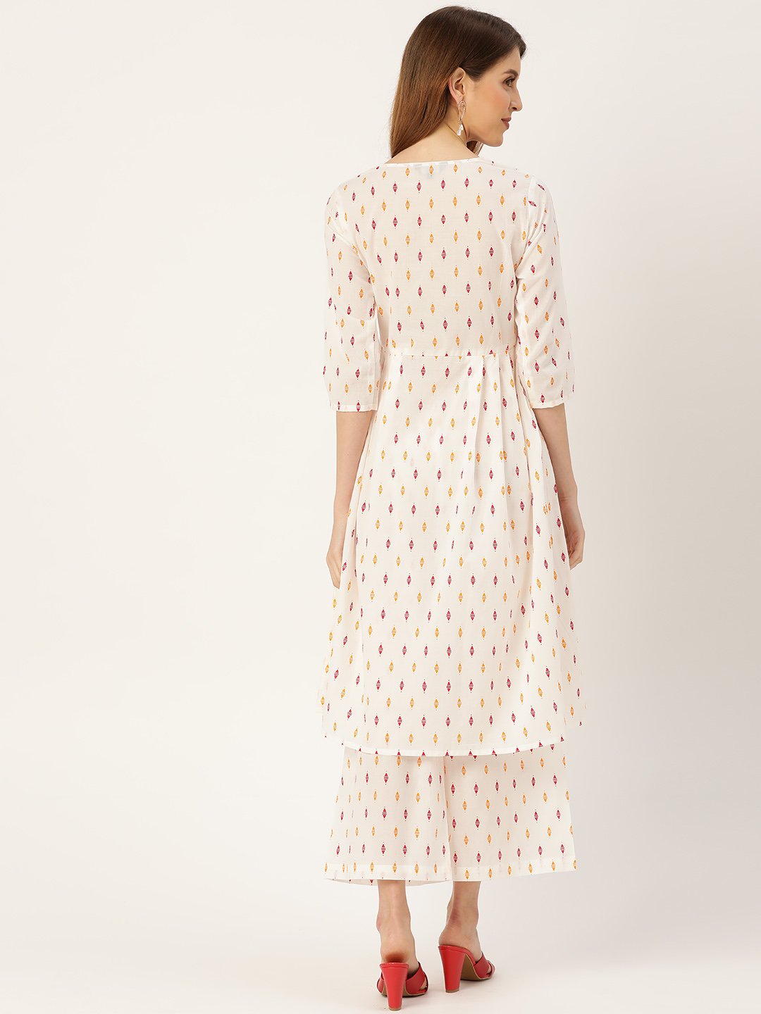 Women White Three-Quarter Sleeves Flared Kurta With Palazzo | LASVINI - Redefining Indian Fashion with Elegance