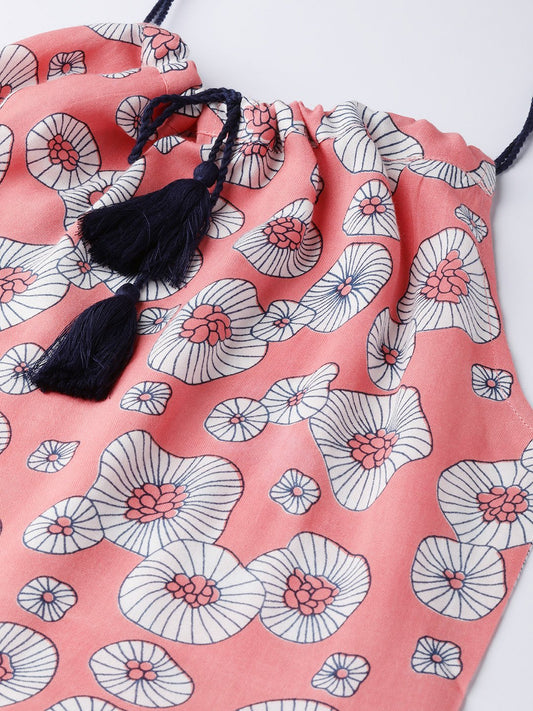 Women Peach Conversational Printed Halter Neck Viscose Rayon A-Line Dress | LASVINI - Redefining Indian Fashion with Elegance