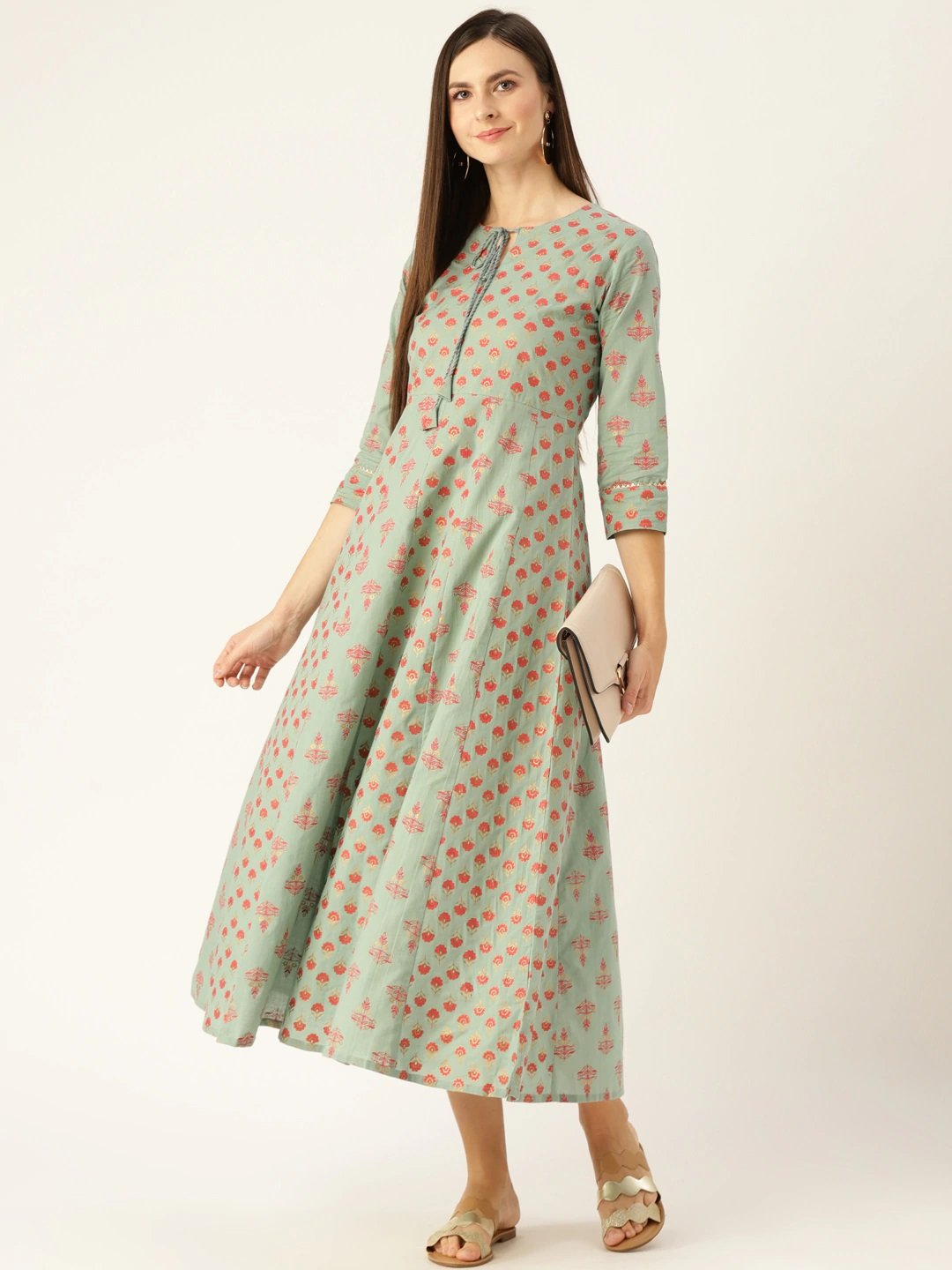 Women Metalic Green Ethnic Motifs Printed Round Neck Cotton Maxi Dress | LASVINI - Redefining Indian Fashion with Elegance