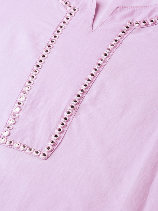 Women Lavender Calf Length Three-Quarter Sleeves Straight Solid Yoke Design Cotton Kurta | LASVINI - Redefining Indian Fashion with Elegance